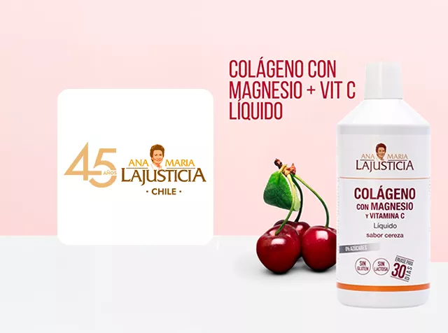 Logo de Ana Maria La Justicia junto a um envase de colágeno