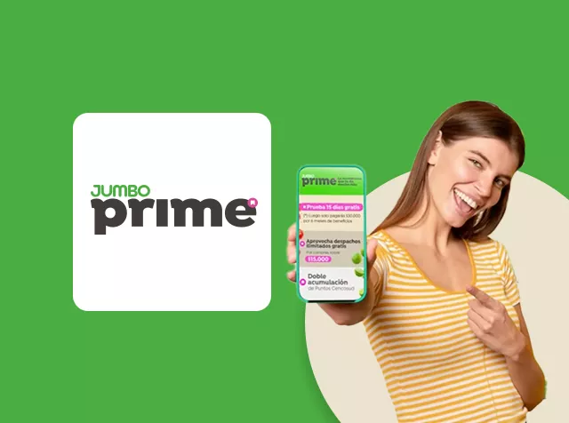 Imagen muestra la logo Jumbo Prime y una mujer sonriendo con su portable
