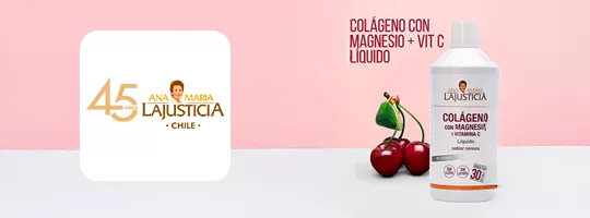 Logo de Ana Maria La Justicia junto a um envase de colágeno