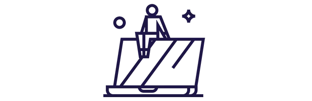 Ícono de una persona sentada sobre un notebook gigante.